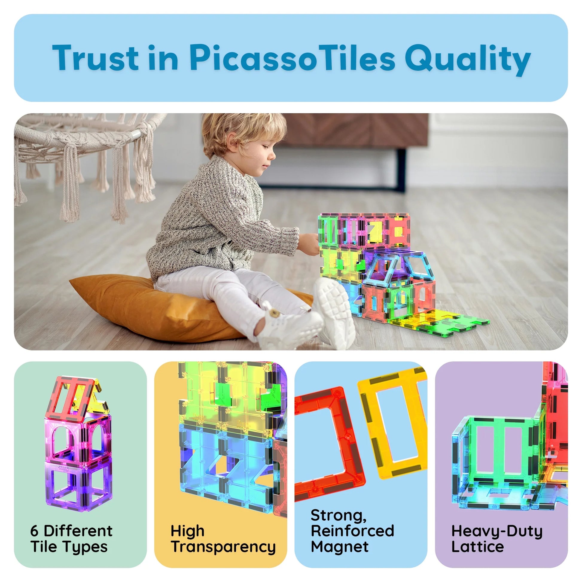 Picassotiles Magnetic Tiles for Kids – 42PCS STEM Building Set, Educational Construction Toy, Creative Learning Kit, Hands-On Magnet Blocks