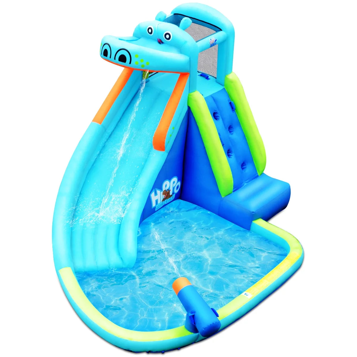 Inflatable Kids Hippo Bounce House Slide Climbing Wall Splash Pool without Blower for Toddler, Bouncy Water Park