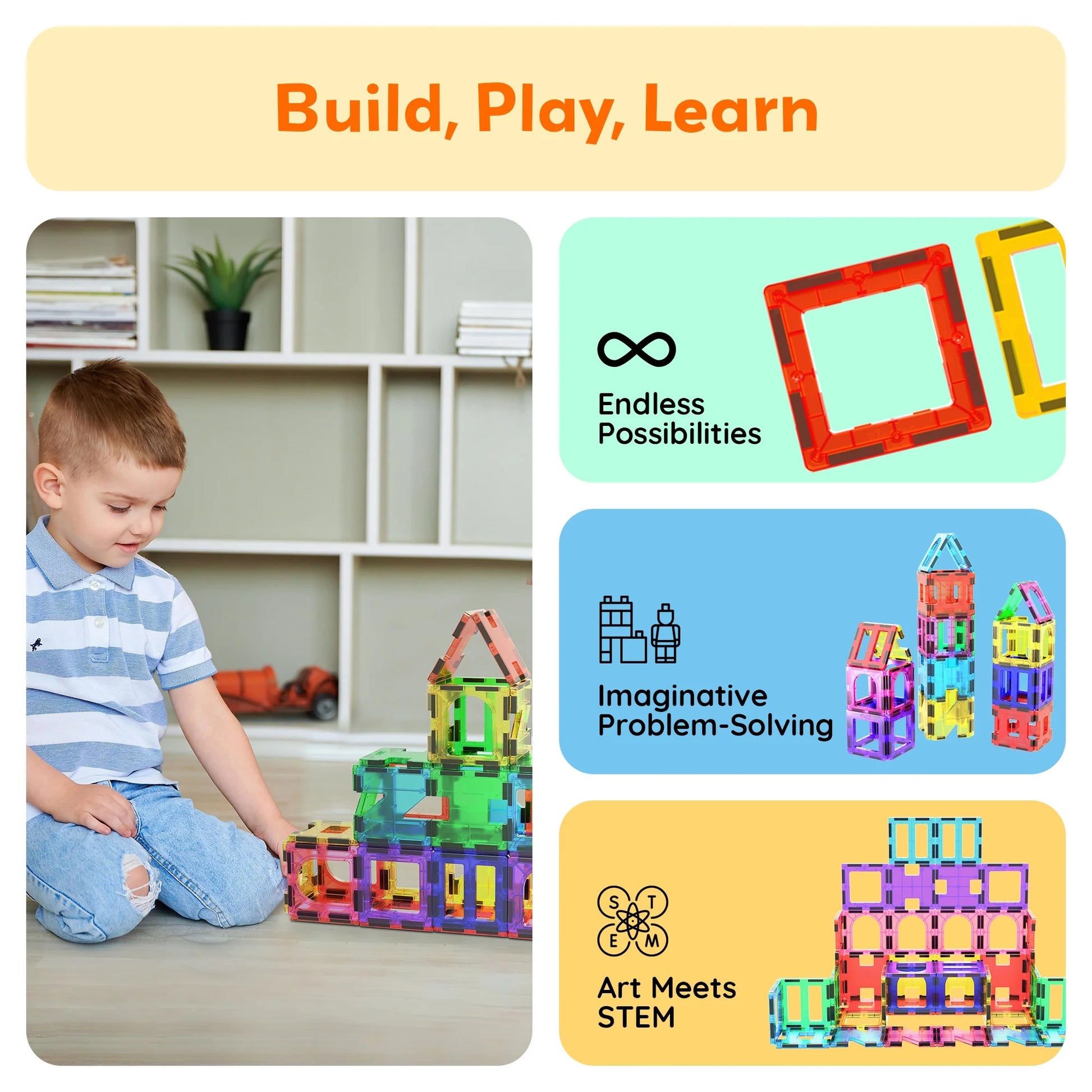 Picassotiles Magnetic Tiles for Kids – 42PCS STEM Building Set, Educational Construction Toy, Creative Learning Kit, Hands-On Magnet Blocks