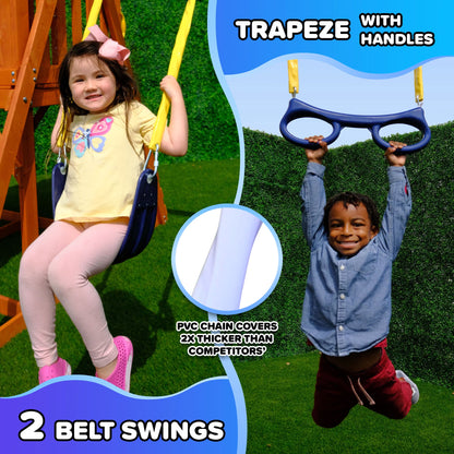 Sunnyslope Wooden Swing Set with Play Fort, Trapeze, 6Ft Double Wall Slide with Lifetime Warranty, & Bonus Anchor Kit