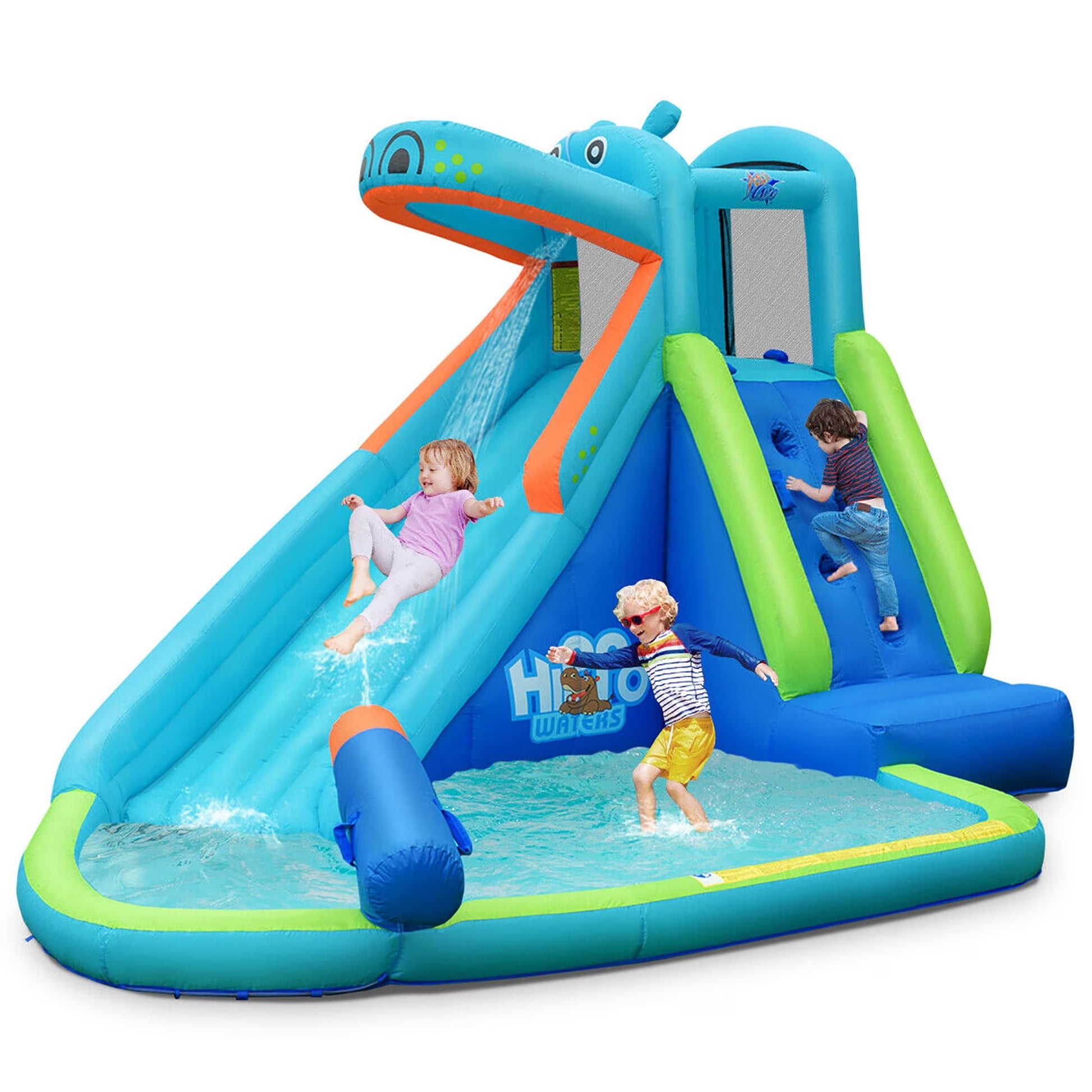 Inflatable Kids Hippo Bounce House Slide Climbing Wall Splash Pool without Blower for Toddler, Bouncy Water Park