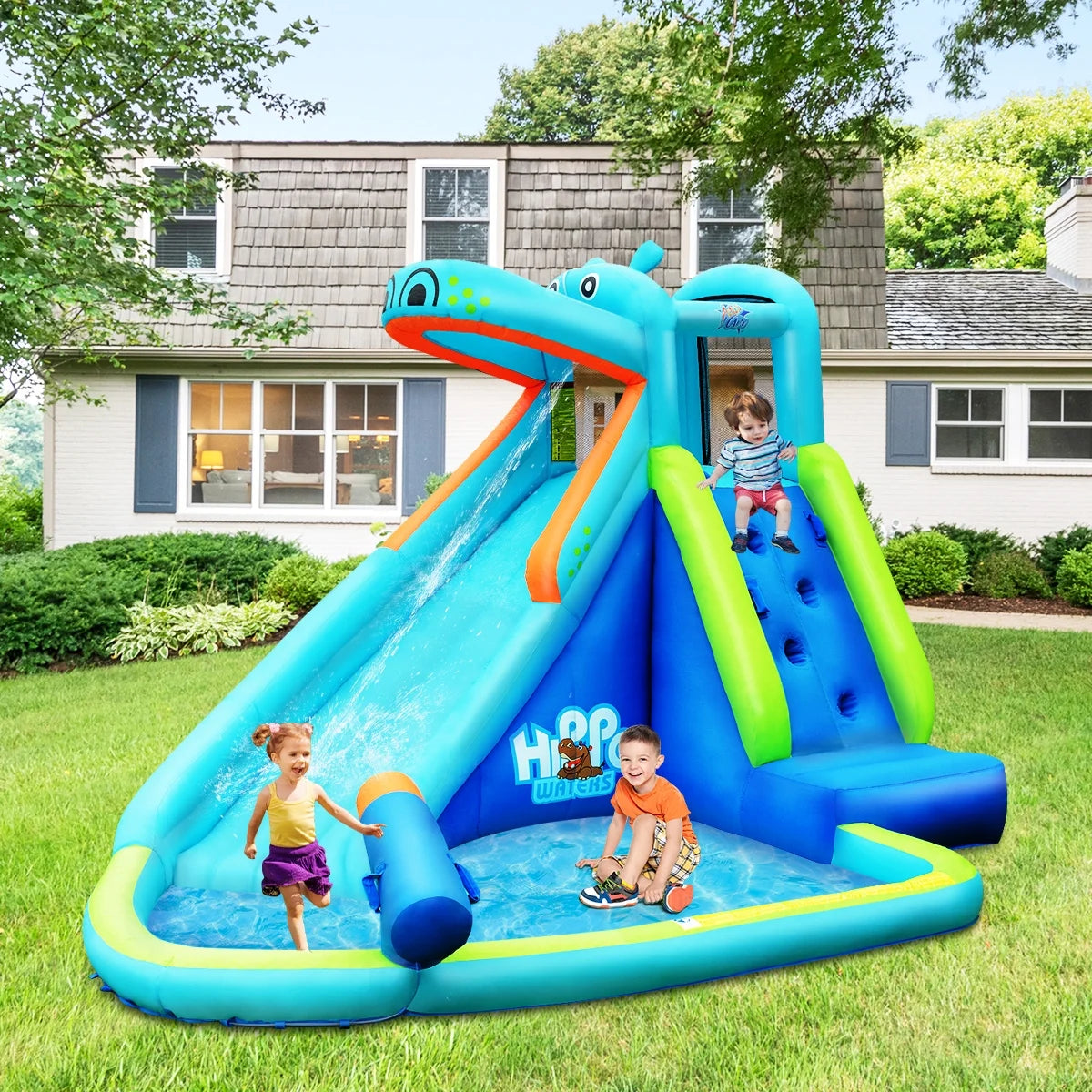 Inflatable Kids Hippo Bounce House Slide Climbing Wall Splash Pool without Blower for Toddler, Bouncy Water Park