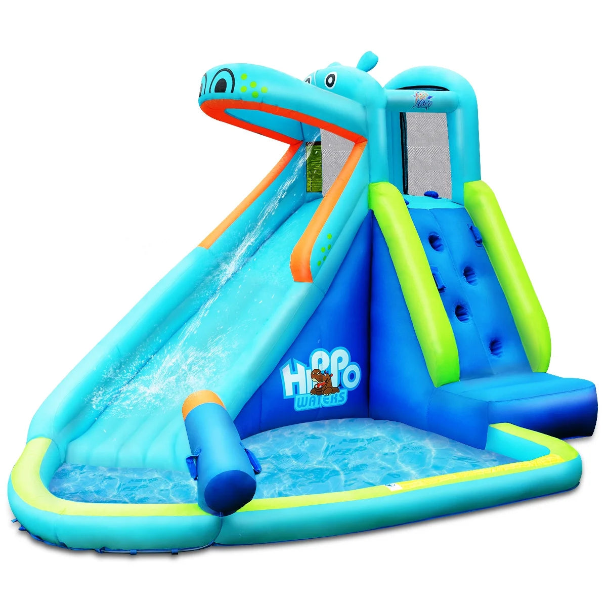 Inflatable Kids Hippo Bounce House Slide Climbing Wall Splash Pool without Blower for Toddler, Bouncy Water Park