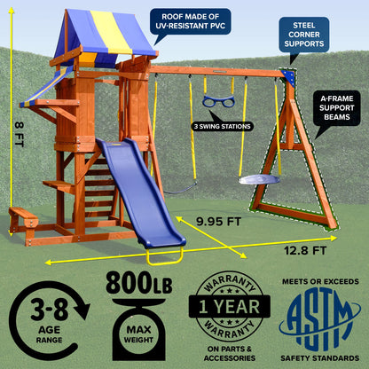 Sunnyslope Wooden Swing Set with Play Fort, Trapeze, 6Ft Double Wall Slide with Lifetime Warranty, & Bonus Anchor Kit