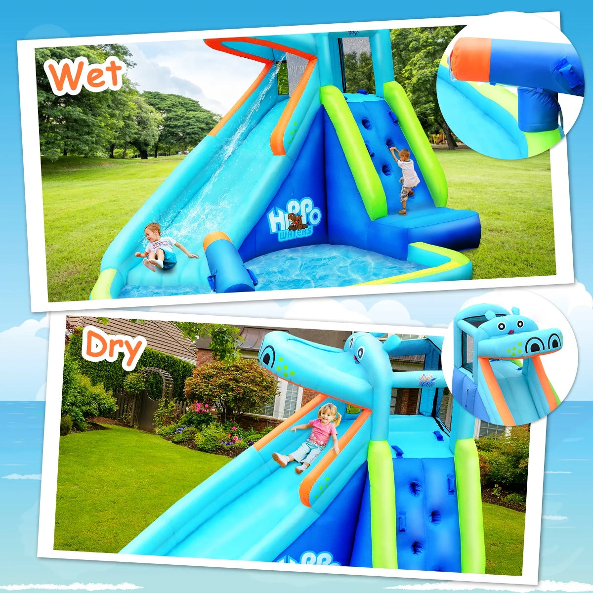 Inflatable Kids Hippo Bounce House Slide Climbing Wall Splash Pool without Blower for Toddler, Bouncy Water Park