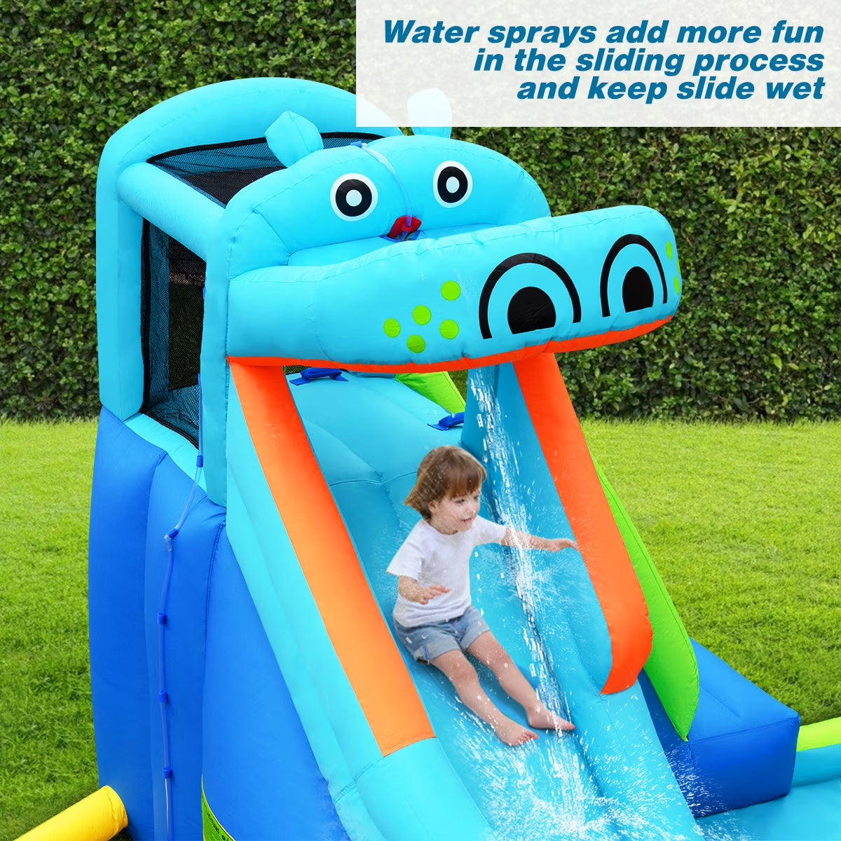 Inflatable Kids Hippo Bounce House Slide Climbing Wall Splash Pool without Blower for Toddler, Bouncy Water Park