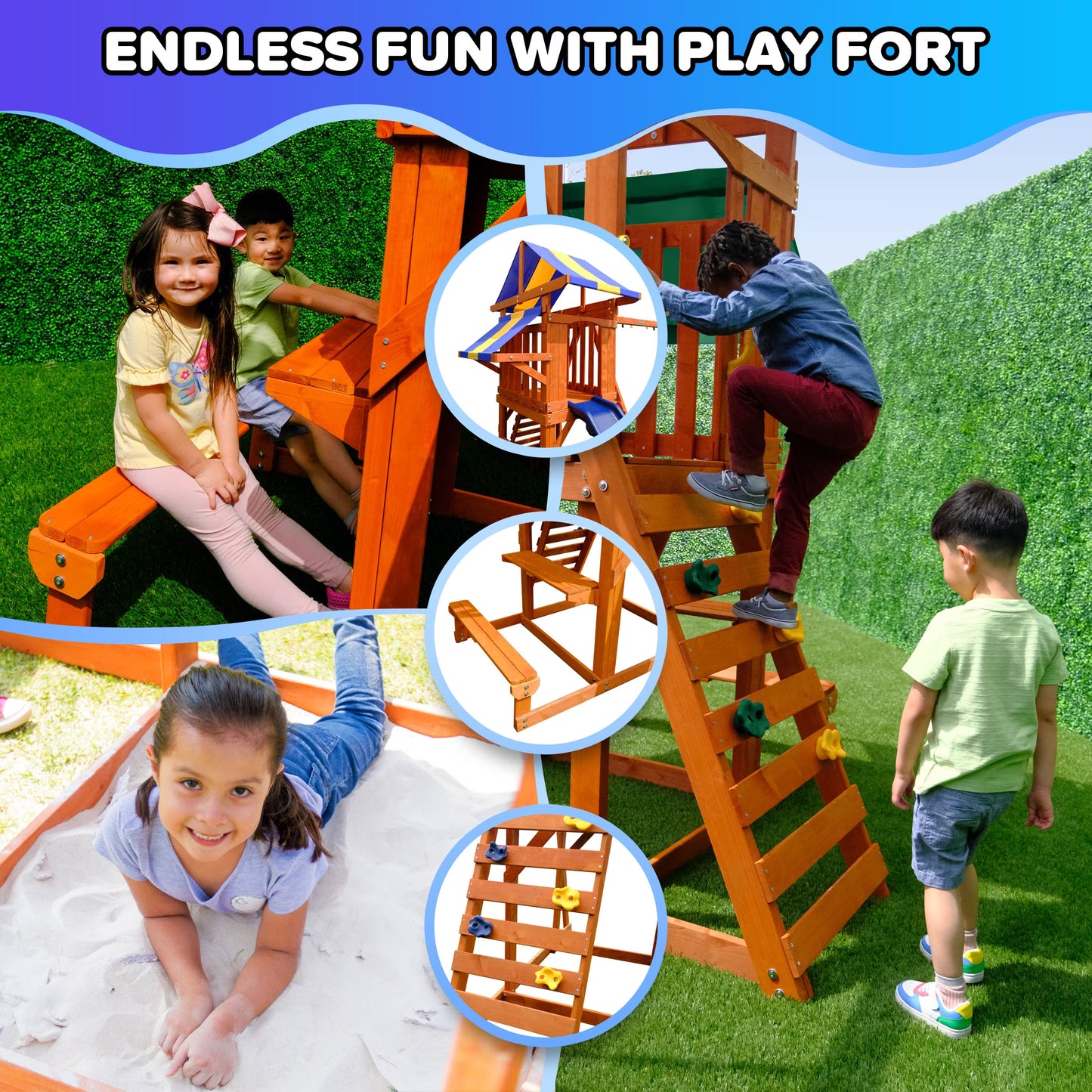 Sunnyslope Wooden Swing Set with Play Fort, Trapeze, 6Ft Double Wall Slide with Lifetime Warranty, & Bonus Anchor Kit