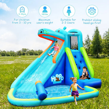 Inflatable Kids Hippo Bounce House Slide Climbing Wall Splash Pool without Blower for Toddler, Bouncy Water Park