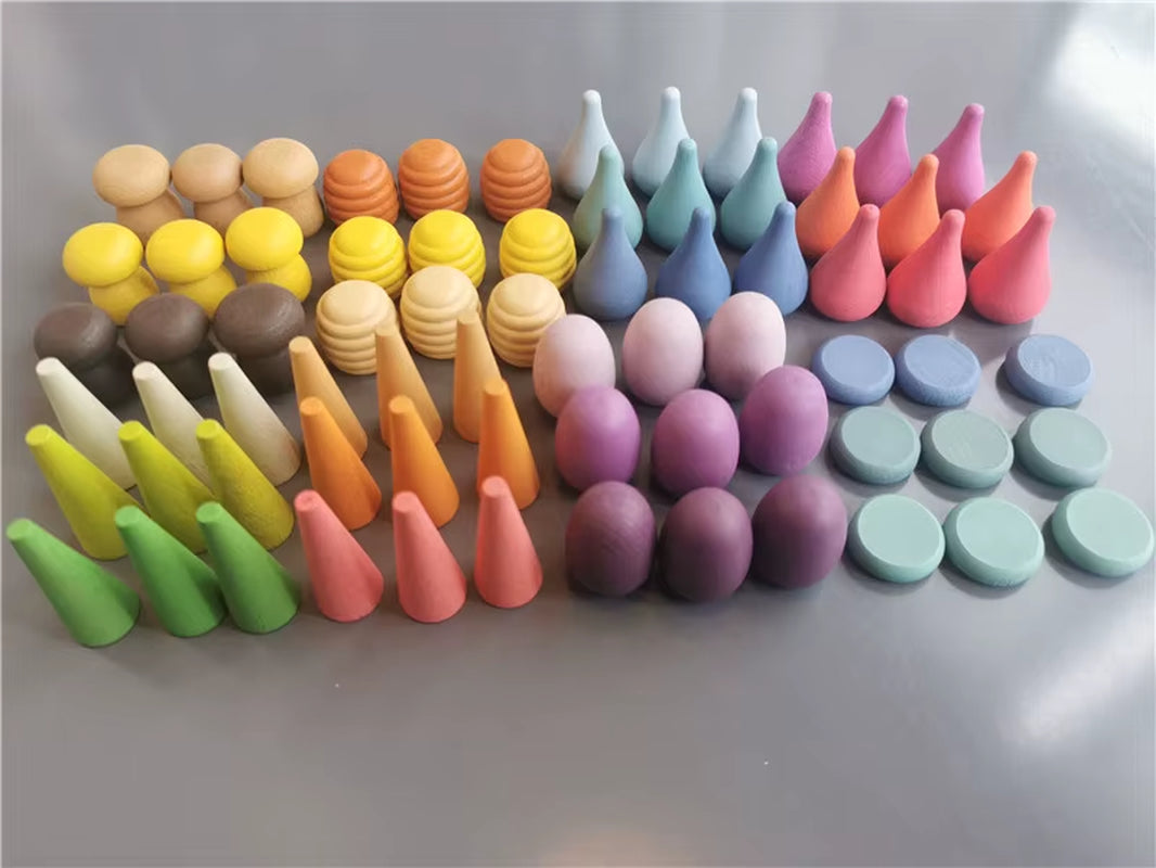 Children Rainbow Wood Blocks Loose Parts Toy Mushrooms Montessori Wooden Droplets Jigsaw