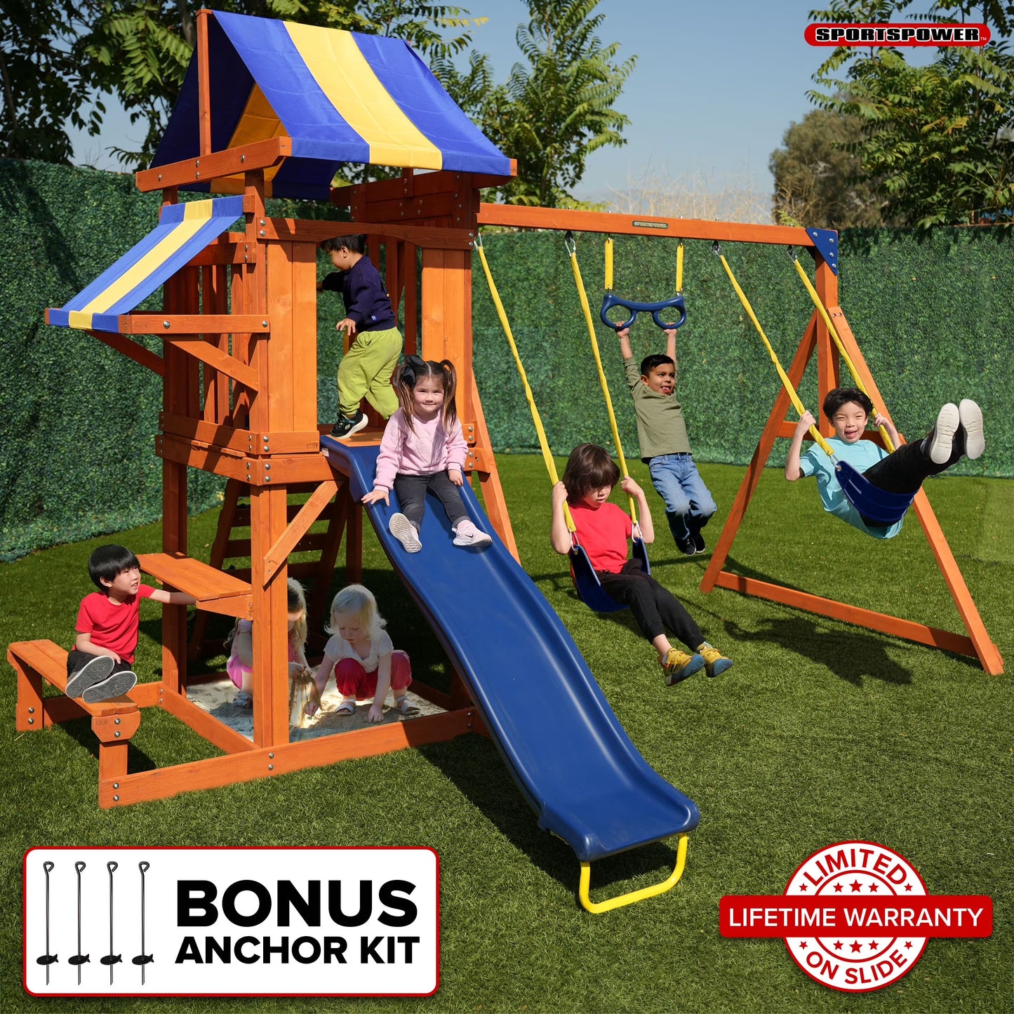 Sunnyslope Wooden Swing Set with Play Fort, Trapeze, 6Ft Double Wall Slide with Lifetime Warranty, & Bonus Anchor Kit