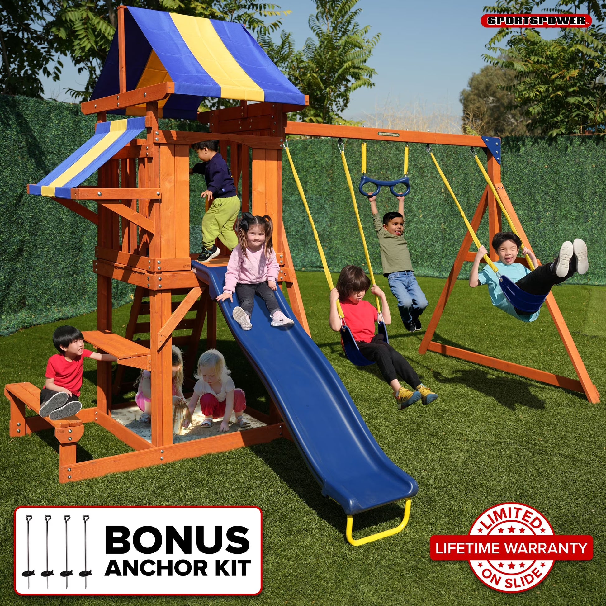 Sunnyslope Wooden Swing Set with Play Fort, Trapeze, 6Ft Double Wall Slide with Lifetime Warranty, & Bonus Anchor Kit