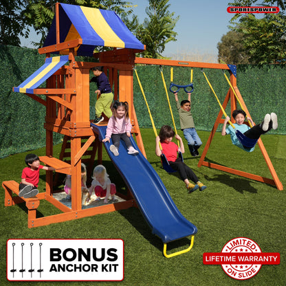 Sunnyslope Wooden Swing Set with Play Fort, Trapeze, 6Ft Double Wall Slide with Lifetime Warranty, & Bonus Anchor Kit