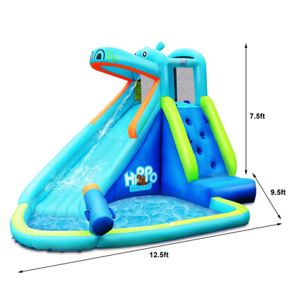 Inflatable Kids Hippo Bounce House Slide Climbing Wall Splash Pool without Blower for Toddler, Bouncy Water Park