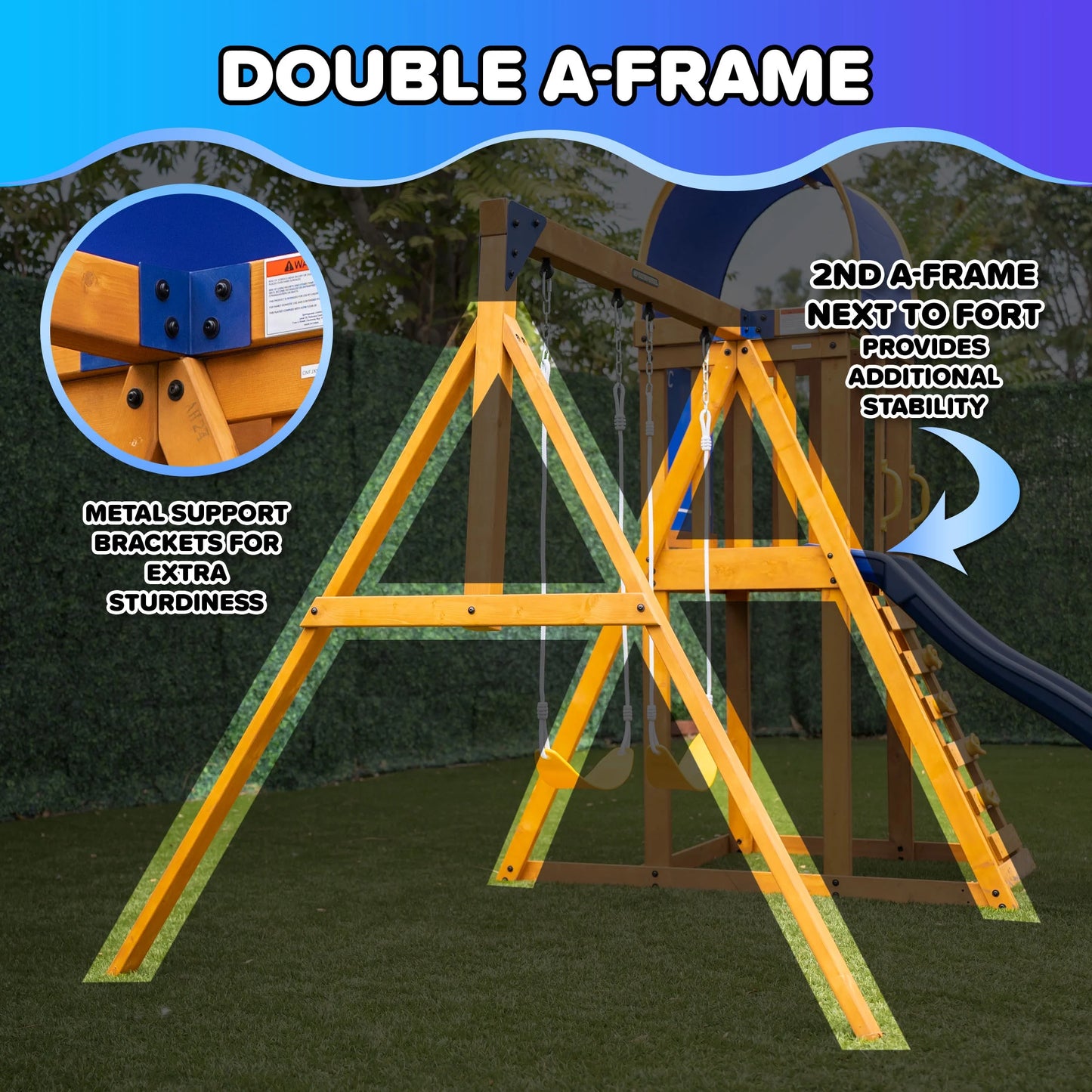 Sunnyslope Wooden Swing Set with Play Fort, Trapeze, 6Ft Double Wall Slide with Lifetime Warranty, & Bonus Anchor Kit